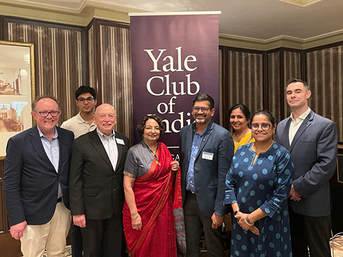 A team of Yale faculty and staff attended the Yale Club of India's Bangalore alumni reception on January 7. (Front row, L-R) Steven Wilkinson, Robert Bonds, Seema Khurana, Rohit De, Kasturi Gupta; (back row, L-R) Daevan Mangalmurti, Swapna Sharma, Alan Baubonis.